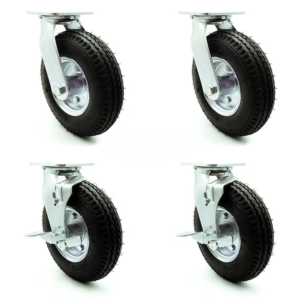 8 Inch Black Pneumatic Wheel Caster Swivel with 2 Brakes, 4PK